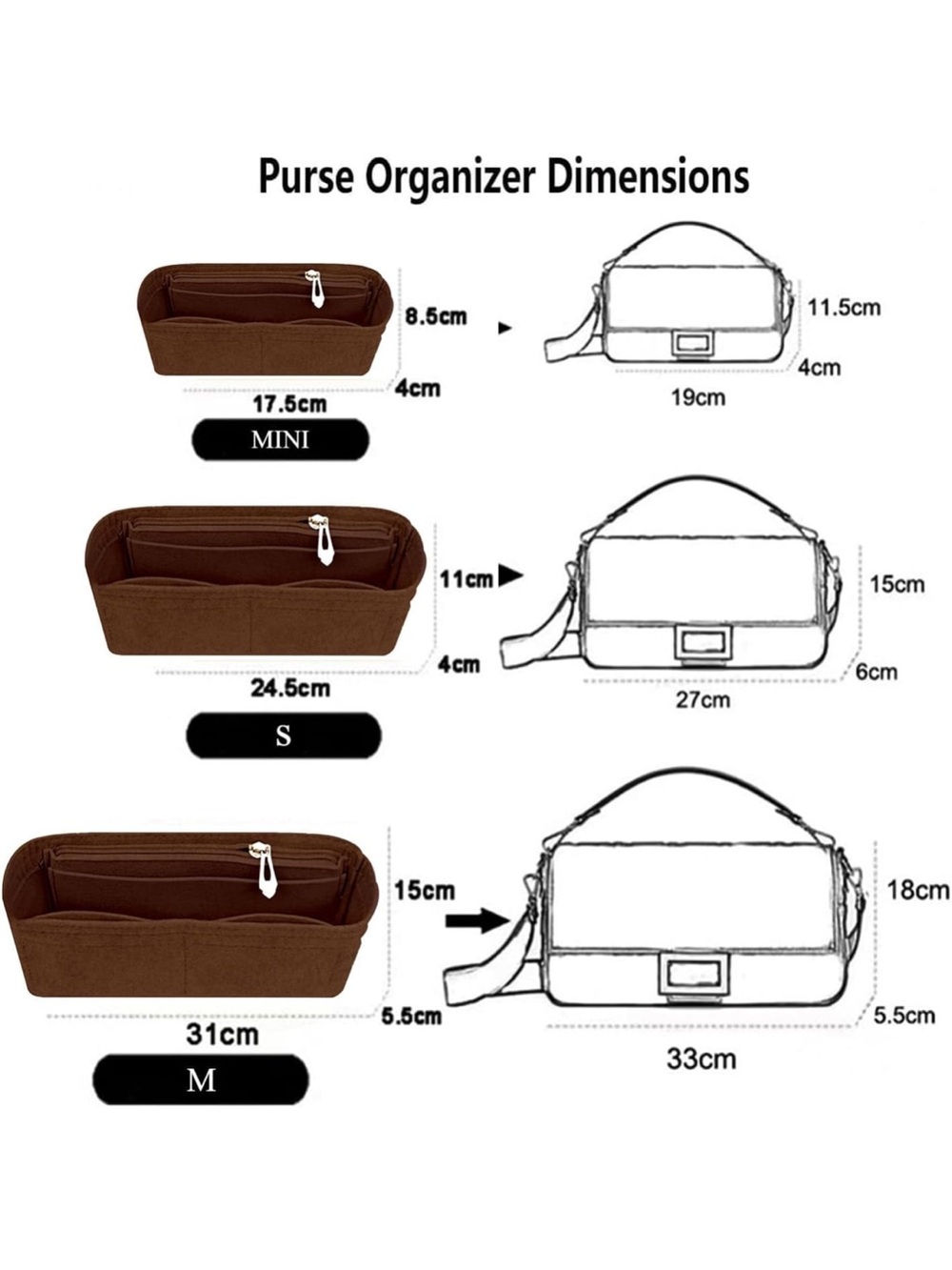Chispee Felt Purse Organizer Insert (Medium, Coffee)620/bb9-1;v - Picture 2 of 10